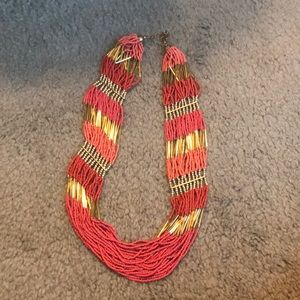 Coral and Gold Beaded Statement Necklace